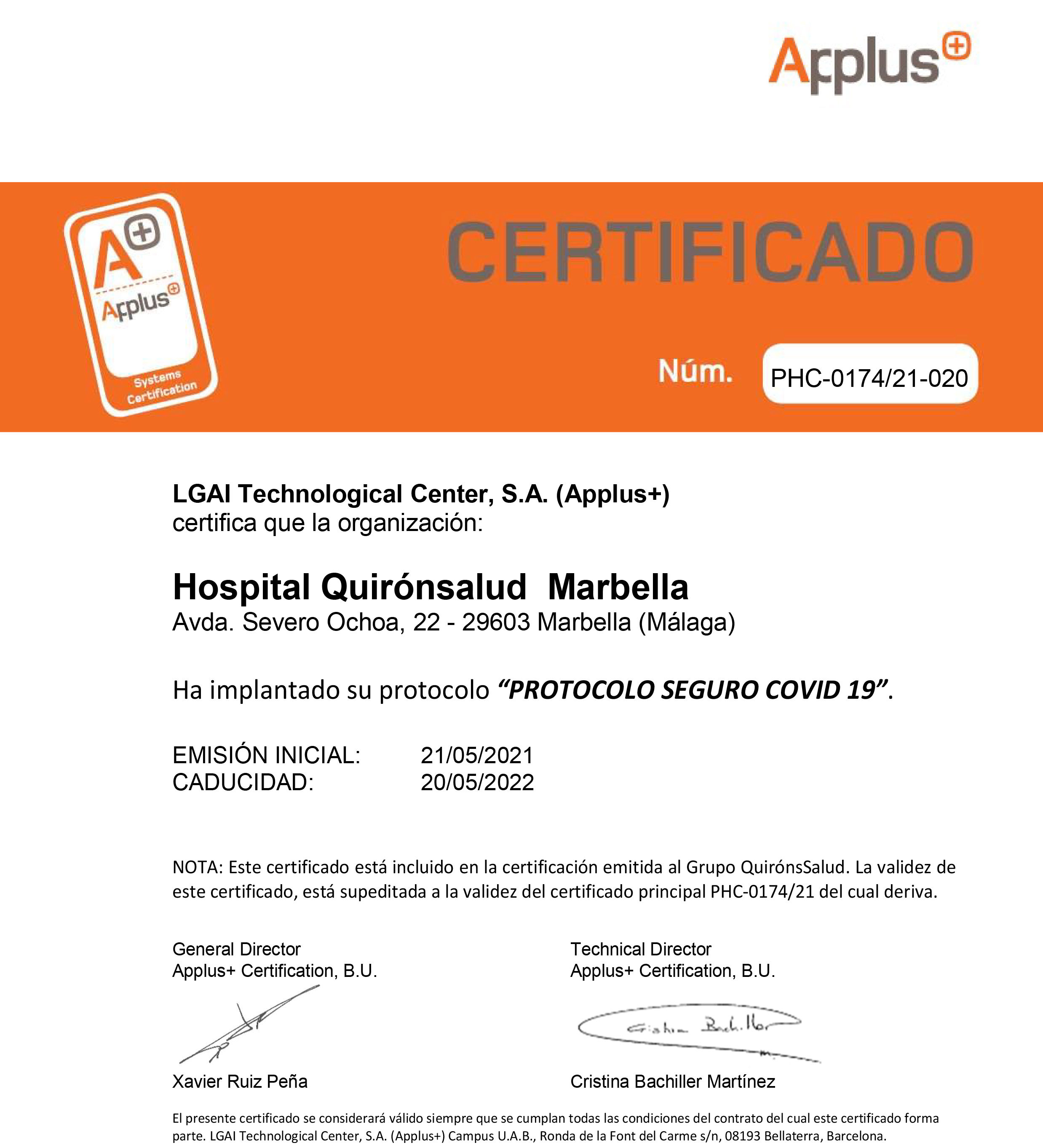 Certificado protocolo seguro Covid Marbella